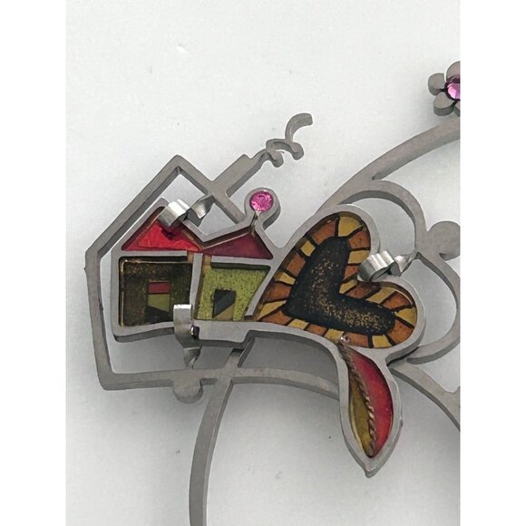 Artistic Brooch Pin Heart House Dangling Bead Unique Metal Jewelry - Picture 2 of 6